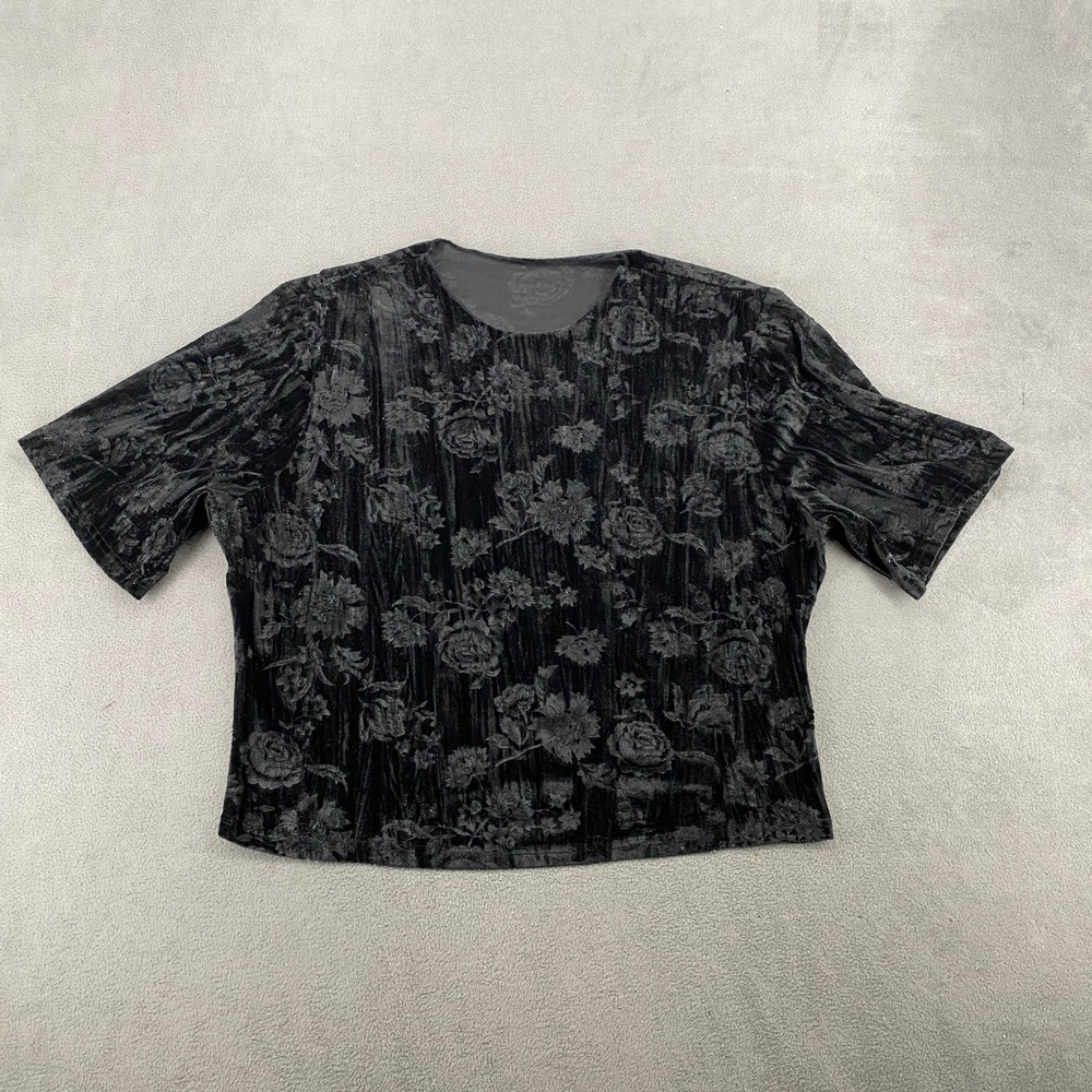 Black Crushed Velvet Burnout Floral Short Sleeve Top Crew Neck 7533